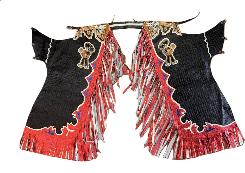 Adult Bull Riding Chaps Day of the Dead Red & Black Alligator Skin