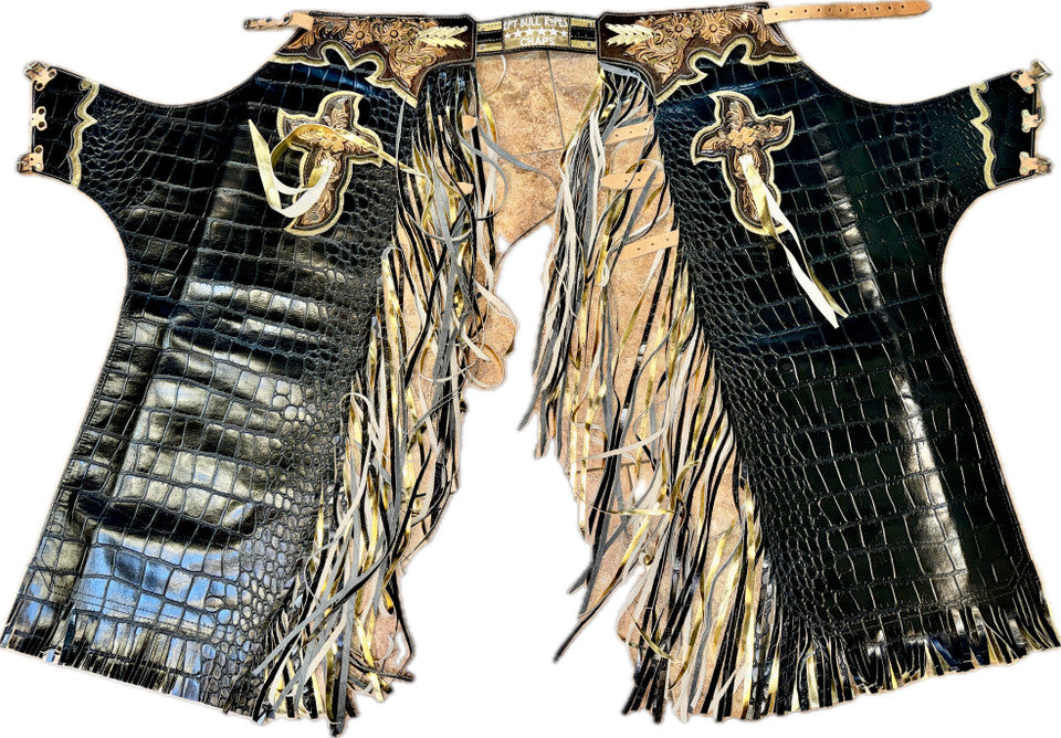 Adult Bull Riding Chaps Black Alligator Skin w Crosses