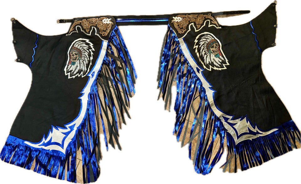 Adult Bull Riding Chaps Black & Blue w Silver